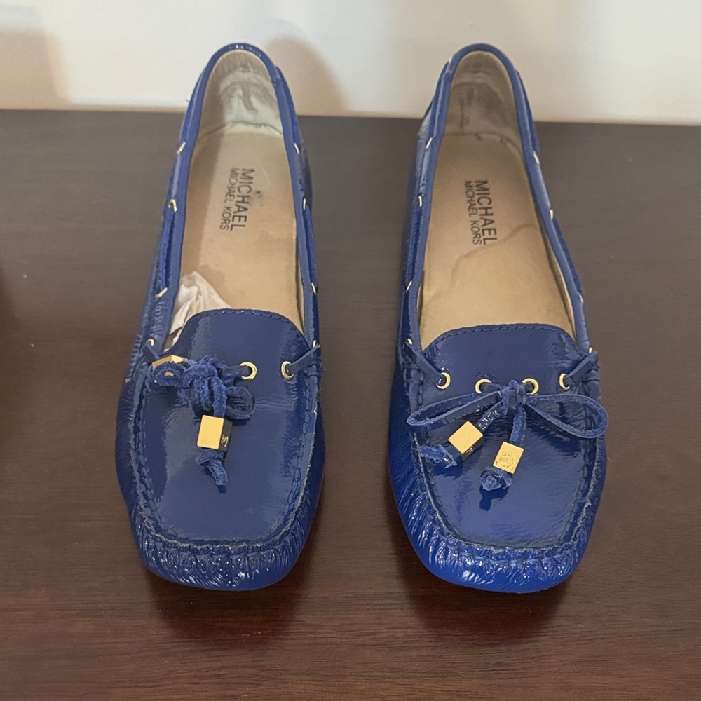 Michael Kors Shiny Blue Loafers with Gold Accents